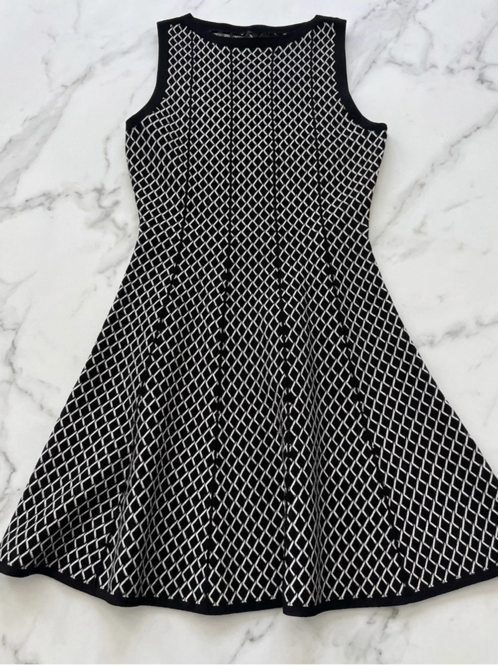 Theory Bilen Dress - Black & White Geometric Diamond Knit - Size S